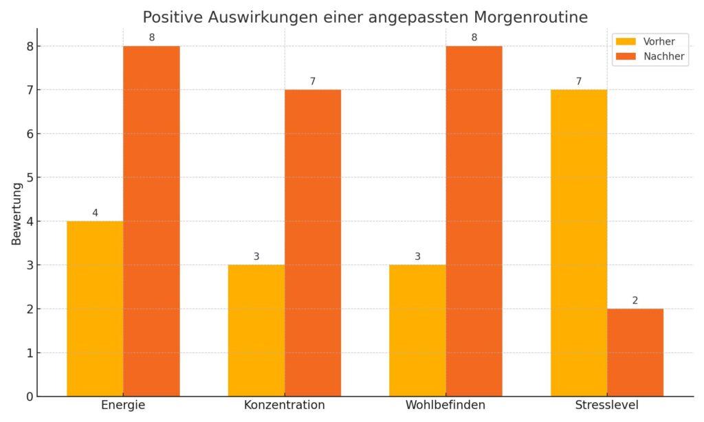 Diagramm zeigt die positiven Auswirkungen einer angepassten Morgenroutine auf Energie, Konzentration, Wohlbefinden und Stresslevel, beeinflusst durch die Freisetzung von Dopamin.